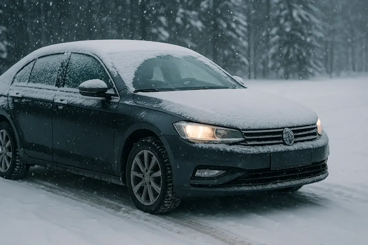 Karlı bir yolda duran araba